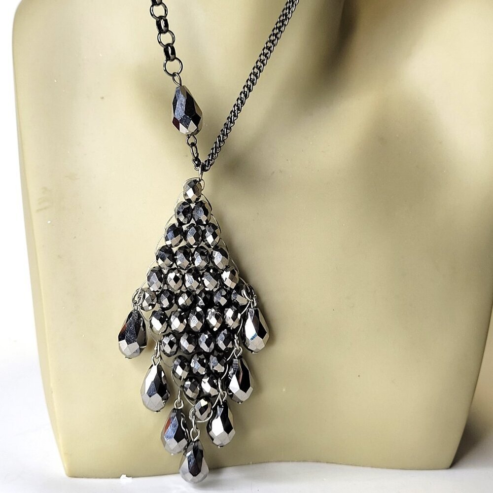 Long Grey Silver Bead Necklace